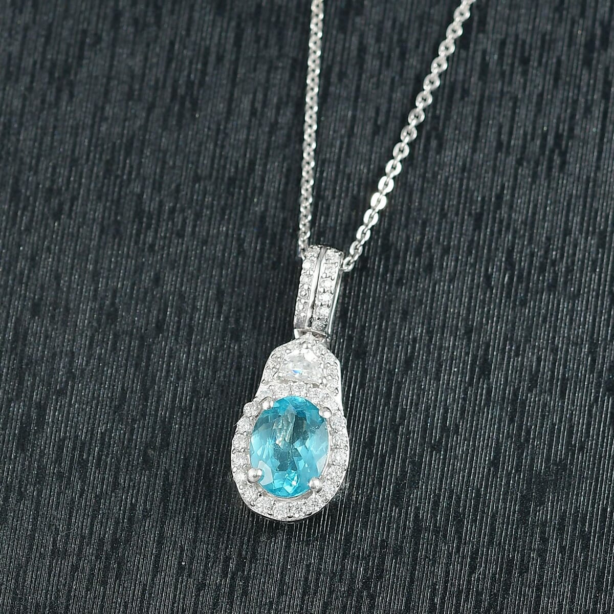 D'Joy Lagoon Apatite, Moissanite Pendant Necklace (20 Inches) in Rhodium Over Sterling Silver 1.50 ctw image number 1