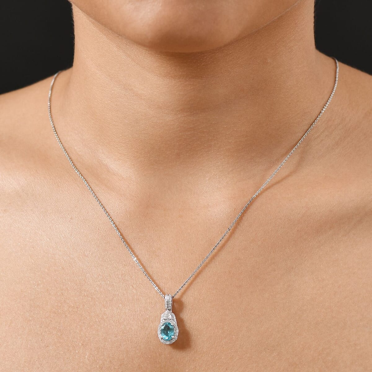 D'Joy Lagoon Apatite, Moissanite Pendant Necklace (20 Inches) in Rhodium Over Sterling Silver 1.50 ctw image number 2