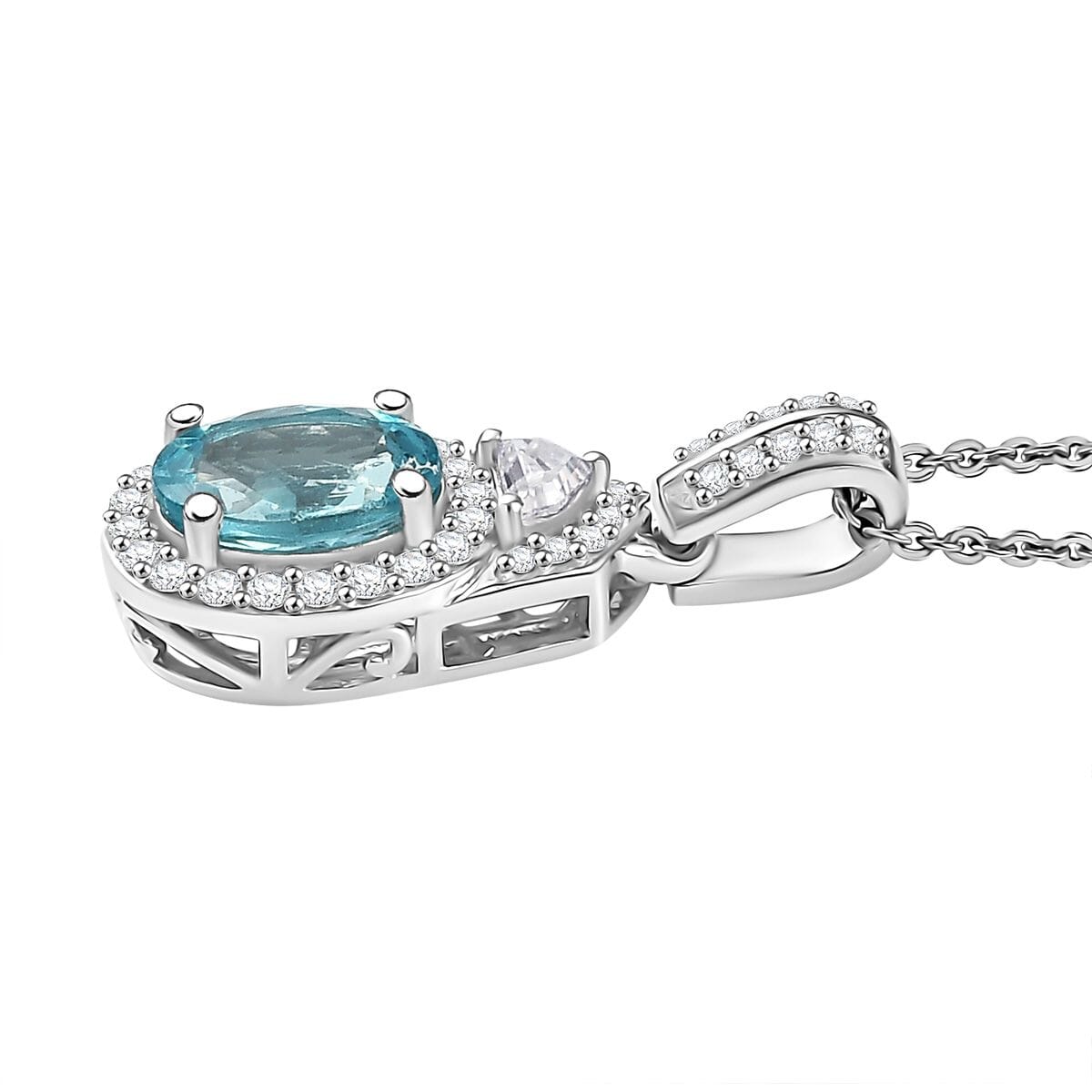D'Joy Lagoon Apatite, Moissanite Pendant Necklace (20 Inches) in Rhodium Over Sterling Silver 1.50 ctw image number 3