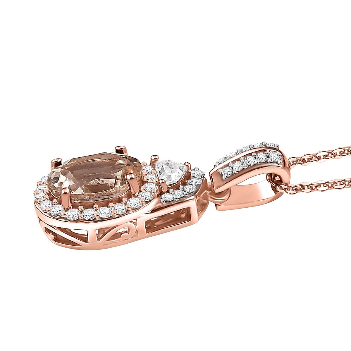D'Joy Premium Marropino Morganite and Moissanite 1.50 ctw Art Deco Pendant Necklace 20 Inches in 18K Vermeil Rose Gold Over Sterling Silver image number 3