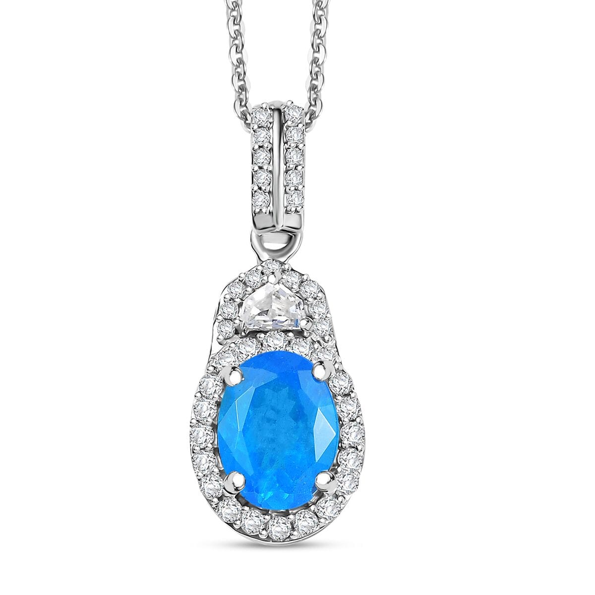 D'Joy Malgache Neon Apatite and Moissanite 1.70 ctw Art Deco Pendant Necklace 20 Inches in Rhodium Over Sterling Silver image number 0