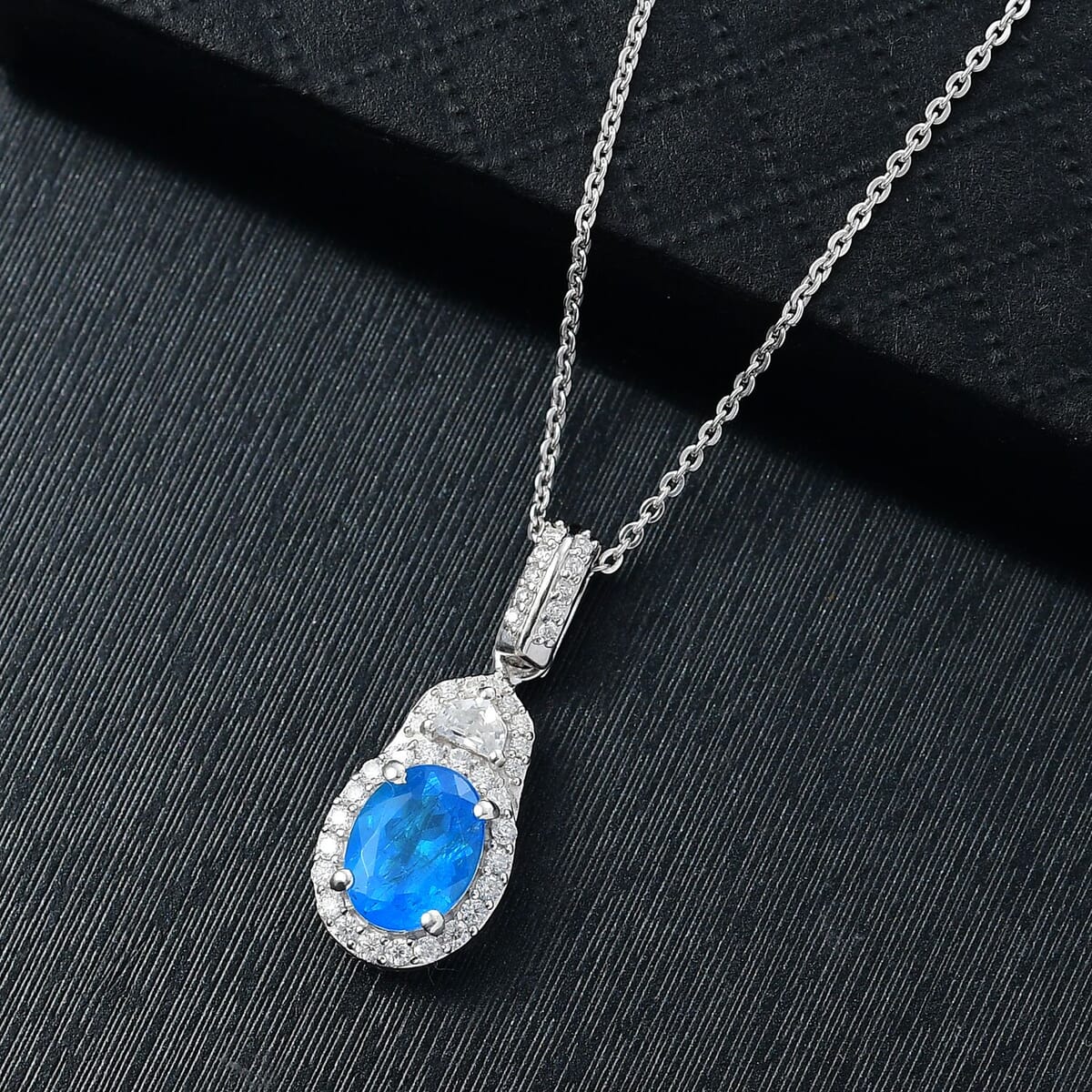 D'Joy Malgache Neon Apatite and Moissanite 1.70 ctw Art Deco Pendant Necklace 20 Inches in Rhodium Over Sterling Silver image number 1