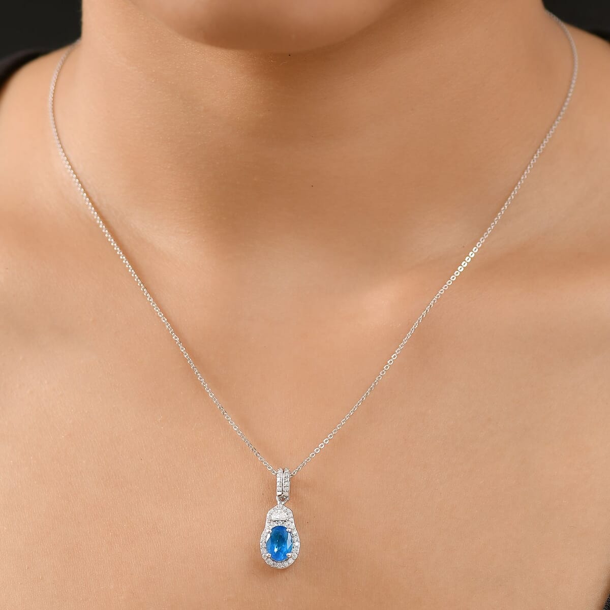 D'Joy Malgache Neon Apatite and Moissanite 1.70 ctw Art Deco Pendant Necklace 20 Inches in Rhodium Over Sterling Silver image number 2