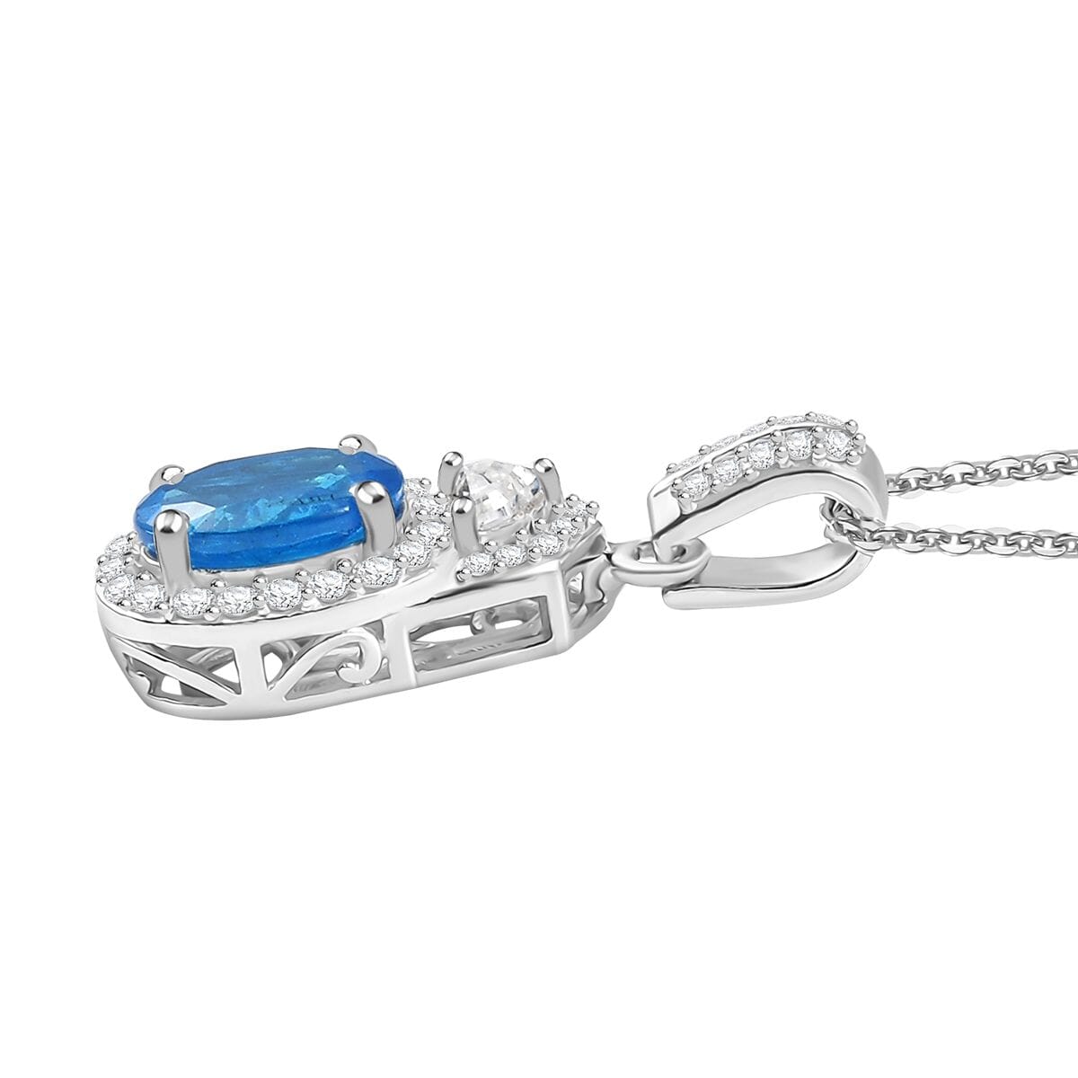 D'Joy Malgache Neon Apatite and Moissanite 1.70 ctw Art Deco Pendant Necklace 20 Inches in Rhodium Over Sterling Silver image number 3