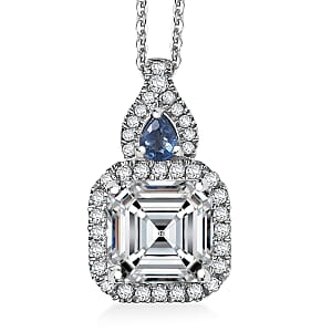Doorbuster D'Joy Asscher Cut Moissanite and Ceylon Blue Sapphire 3.45 ctw Pendant Necklace in Rhodium Over Sterling Silver 20 Inches