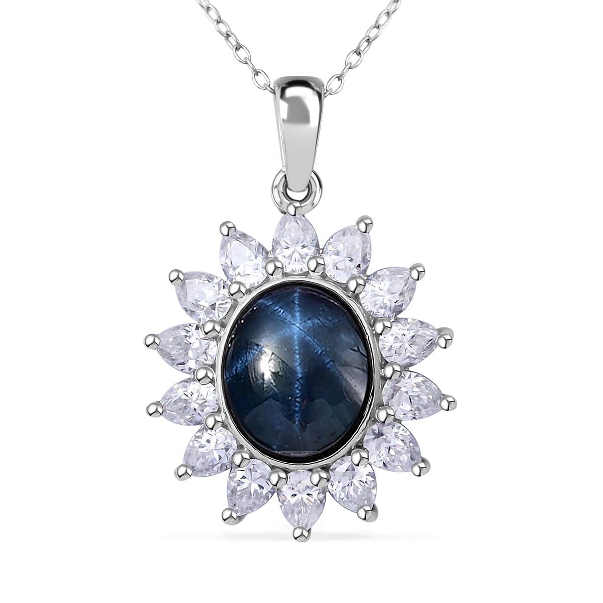 Blue Star Sapphire (DF) and Moissanite 8.25 ctw Starlite Celestial Pendant Necklace in Rhodium Over Sterling Silver 20 Inches image number 0