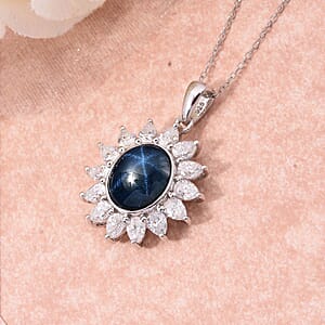 Blue Star Sapphire (DF) and Moissanite 8.25 ctw Starlite Celestial Pendant Necklace in Rhodium Over Sterling Silver 20 Inches