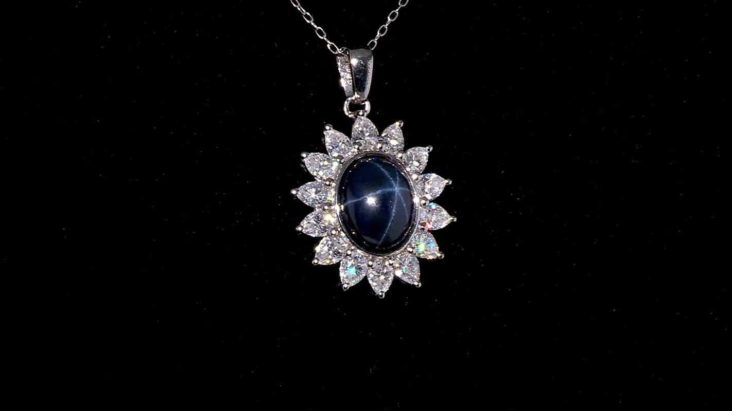 Blue Star Sapphire (DF) and Moissanite 8.25 ctw Starlite Celestial Pendant Necklace in Rhodium Over Sterling Silver 20 Inches