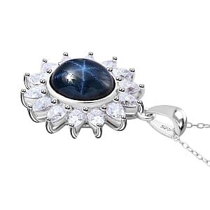 Blue Star Sapphire (DF) and Moissanite 8.25 ctw Starlite Celestial Pendant Necklace in Rhodium Over Sterling Silver 20 Inches