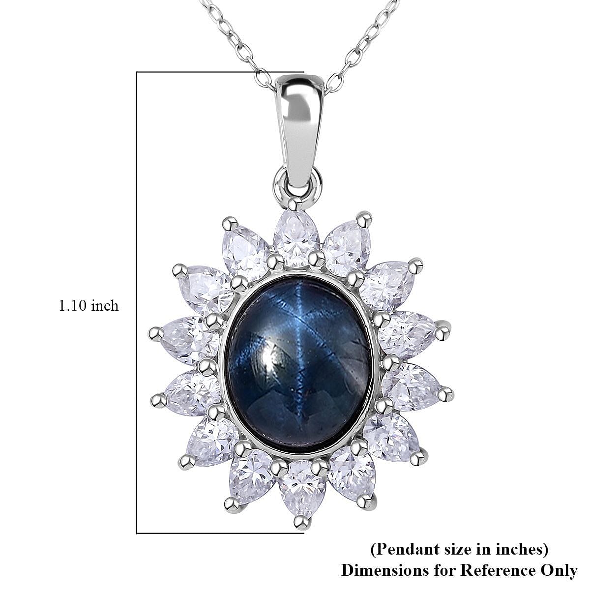 Blue Star Sapphire (DF) and Moissanite 8.25 ctw Starlite Celestial Pendant Necklace in Rhodium Over Sterling Silver 20 Inches