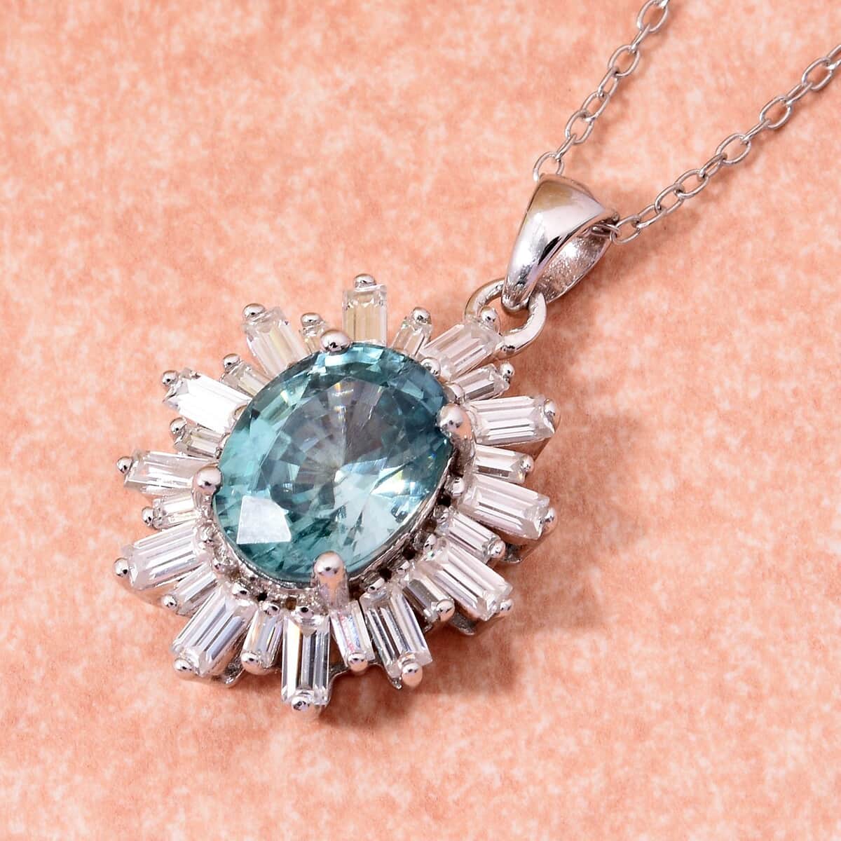 Premium Cambodian Blue Zircon and Moissanite 3.80 ctw Snowflake Pendant Necklace in Rhodium Over Sterling Silver 20 Inches image number 1