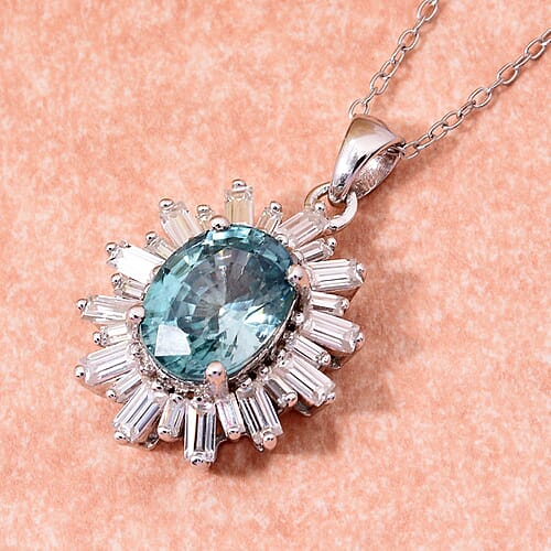 Premium Cambodian Blue Zircon and Moissanite 3.80 ctw Snowflake Pendant Necklace in Rhodium Over Sterling Silver 20 Inches