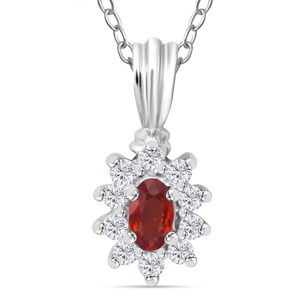 Premium Red Sapphire and Moissanite 0.50 ctw Crimson Blossom Pendant Necklace in Rhodium Over Sterling Silver 20 Inches image number 0