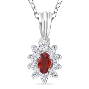 Premium Red Sapphire and Moissanite 0.50 ctw Crimson Blossom Pendant Necklace in Rhodium Over Sterling Silver 20 Inches