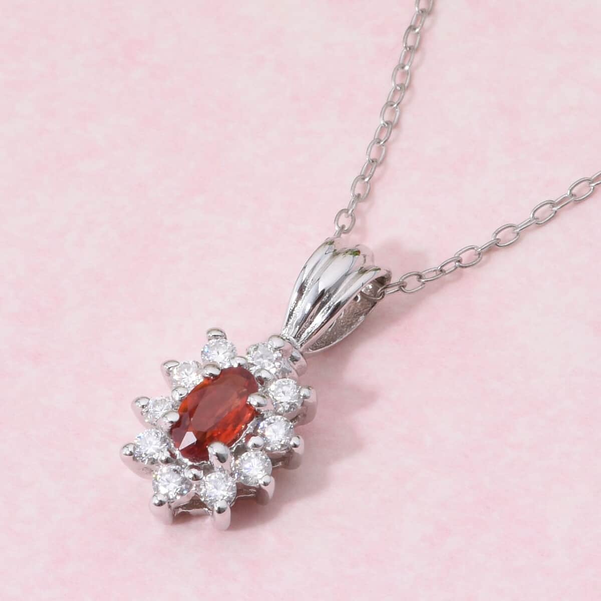 Premium Red Sapphire and Moissanite 0.50 ctw Crimson Blossom Pendant Necklace in Rhodium Over Sterling Silver 20 Inches image number 1