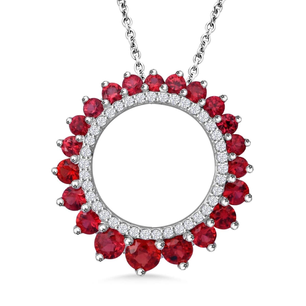 Premium Red Sapphire and White Zircon 1.90 ctw Wreath Pendant Necklace 20 Inches in Rhodium Over Sterling Silver image number 0