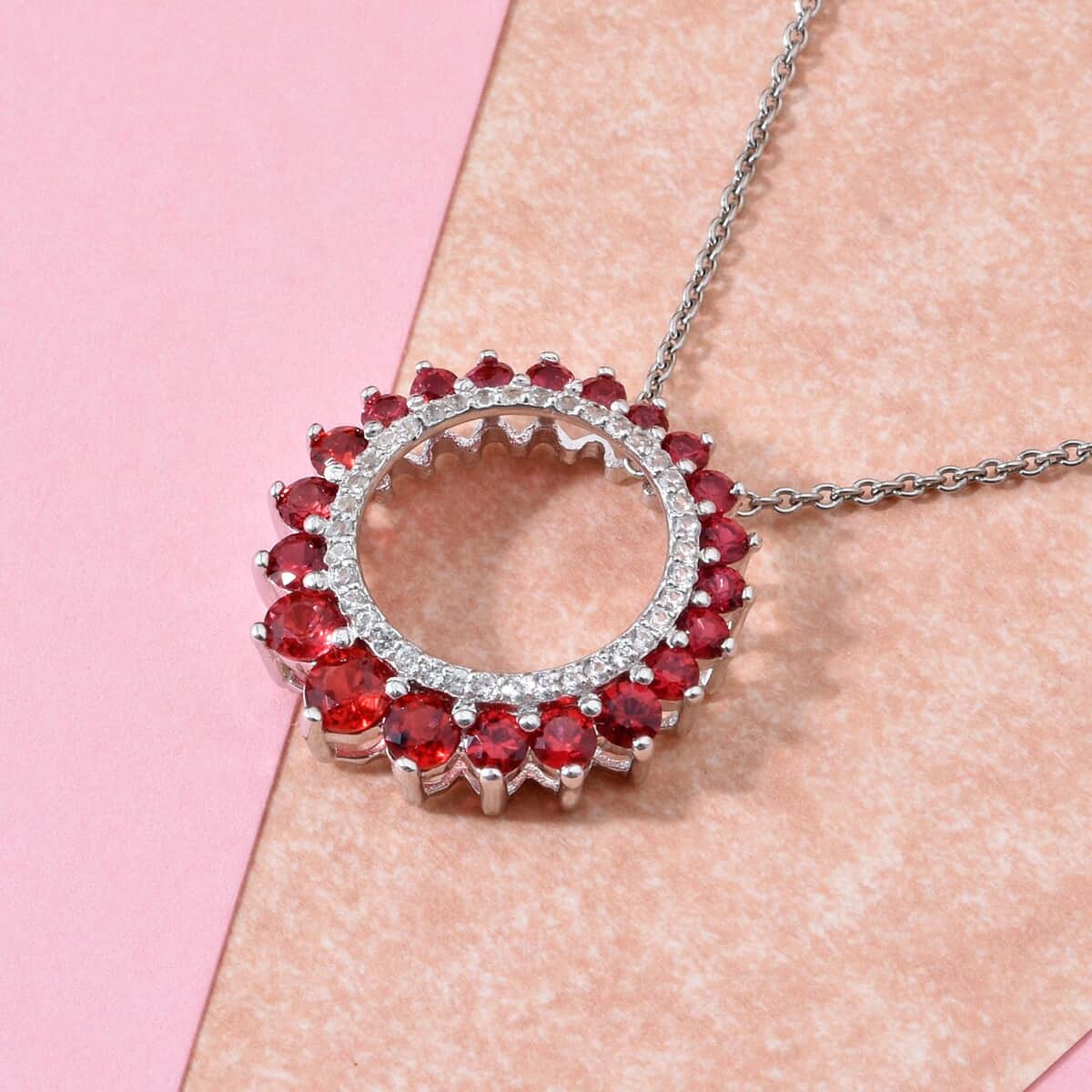 Premium Red Sapphire and White Zircon 1.90 ctw Wreath Pendant Necklace 20 Inches in Rhodium Over Sterling Silver image number 1