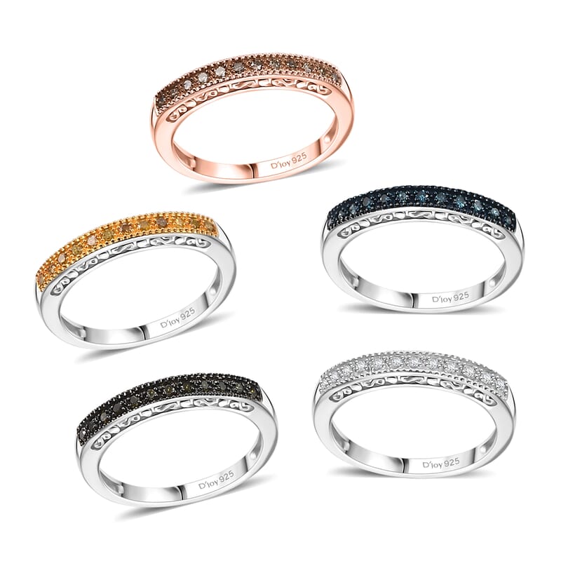 D'Joy Multi Diamond Set of 5 Ring in 18K Vermeil RG and Rhodium Over Sterling Silver 0.50 ctw (Size 6.0)