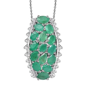 Brazilian Emerald and White Zircon 3.15 ctw Pendant Necklace in Rhodium Over Sterling Silver 20 Inches