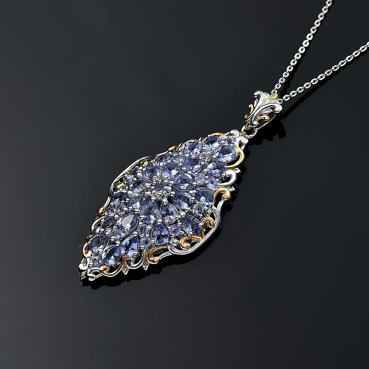 D'Joy Tanzanite 4.15 ctw Victorian Era Pendant Necklace in 18K Vermeil YG and Rhodium Over Sterling Silver 20 Inches