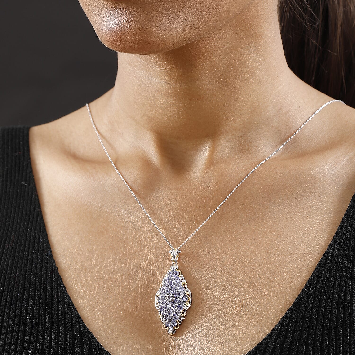 D'Joy Tanzanite 4.15 ctw Victorian Era Pendant Necklace in 18K Vermeil YG and Rhodium Over Sterling Silver 20 Inches