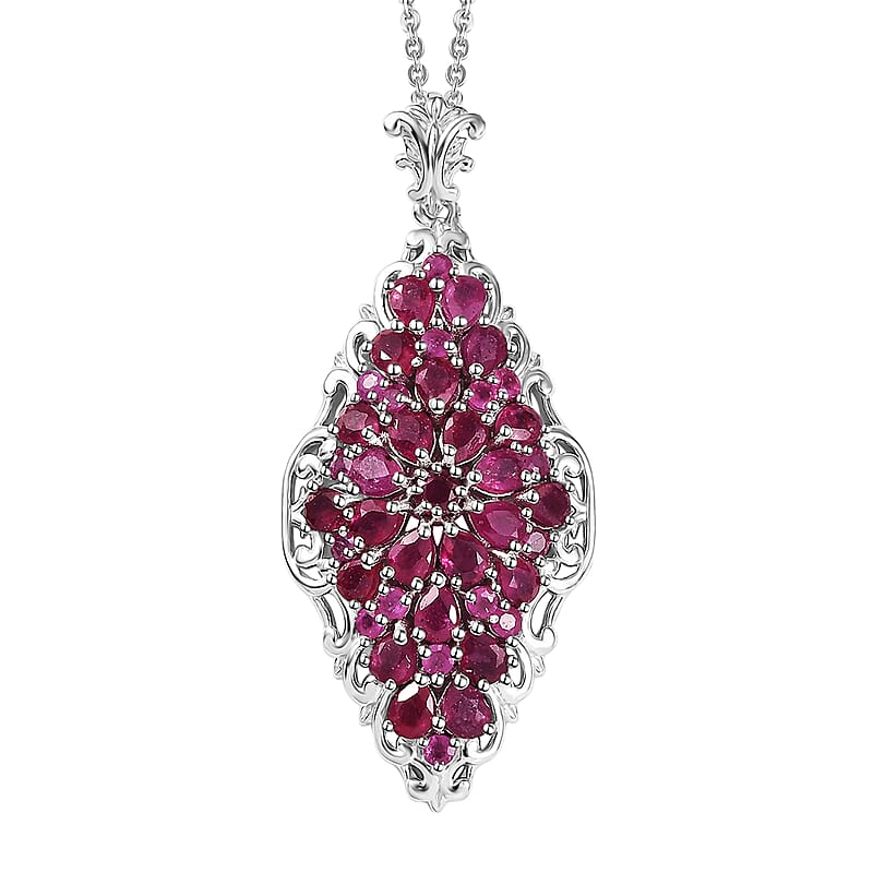 D'Joy Niassa Ruby (FF) 6.85 ctw Victorian Era Pendant Necklace in Rhodium Over Sterling Silver 20 Inches