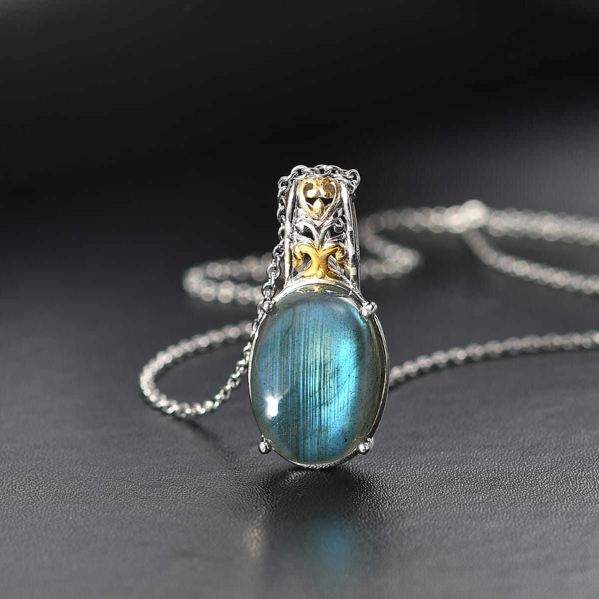 Karis Madagascar Fire Labradorite 12.00 ctw Pendant in 18K YG Plated and Platinum Bond with Stainless Steel Necklace (20 Inches) image number 1
