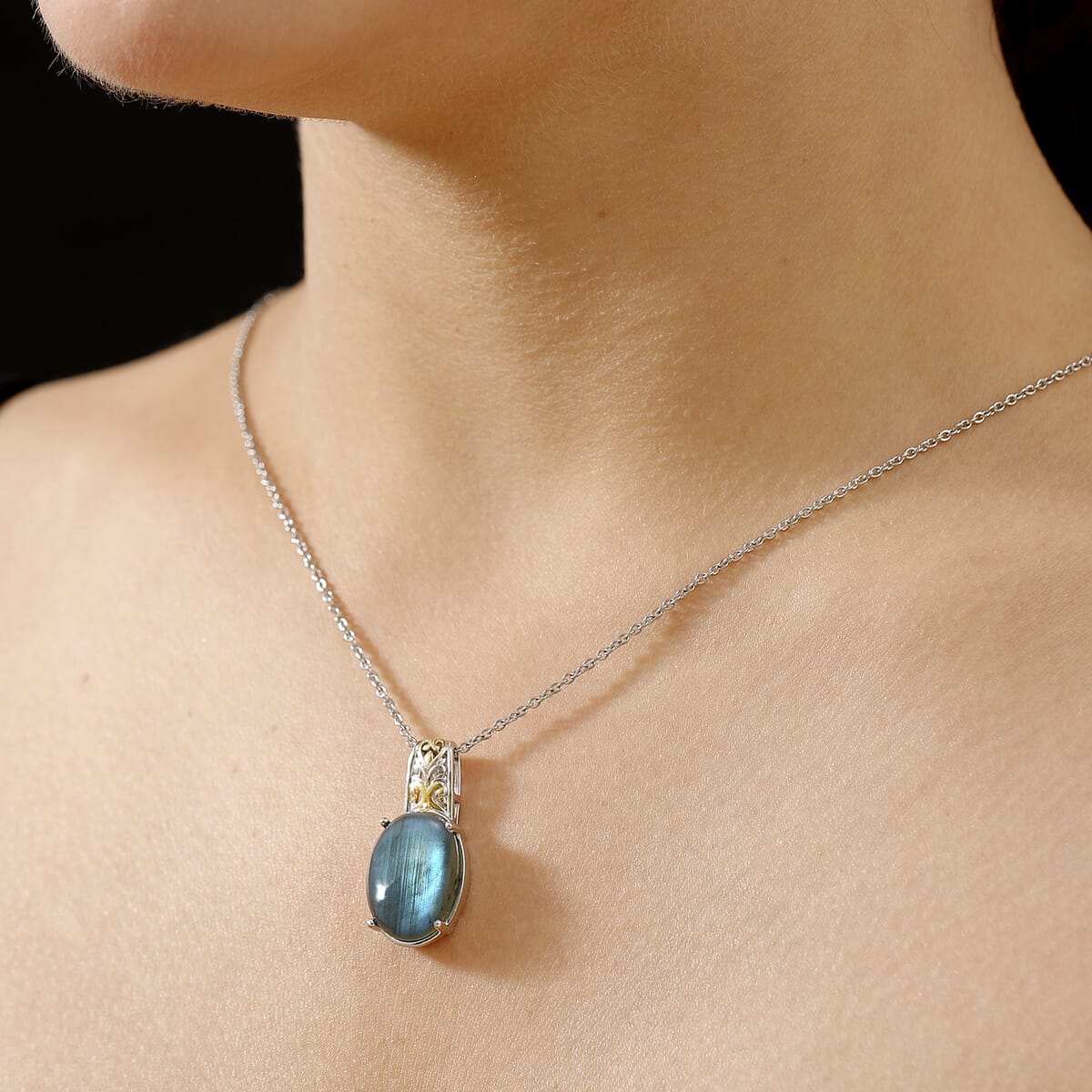Karis Madagascar Fire Labradorite 12.00 ctw Pendant in 18K YG Plated and Platinum Bond with Stainless Steel Necklace (20 Inches) image number 2