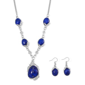 Lapis Lazuli 140.00 ctw Necklace 20 Inches and Earrings in Silvertone
