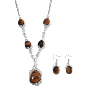 Tigers Eye 140.00 ctw Necklace 20 Inches and Earrings in Silvertone