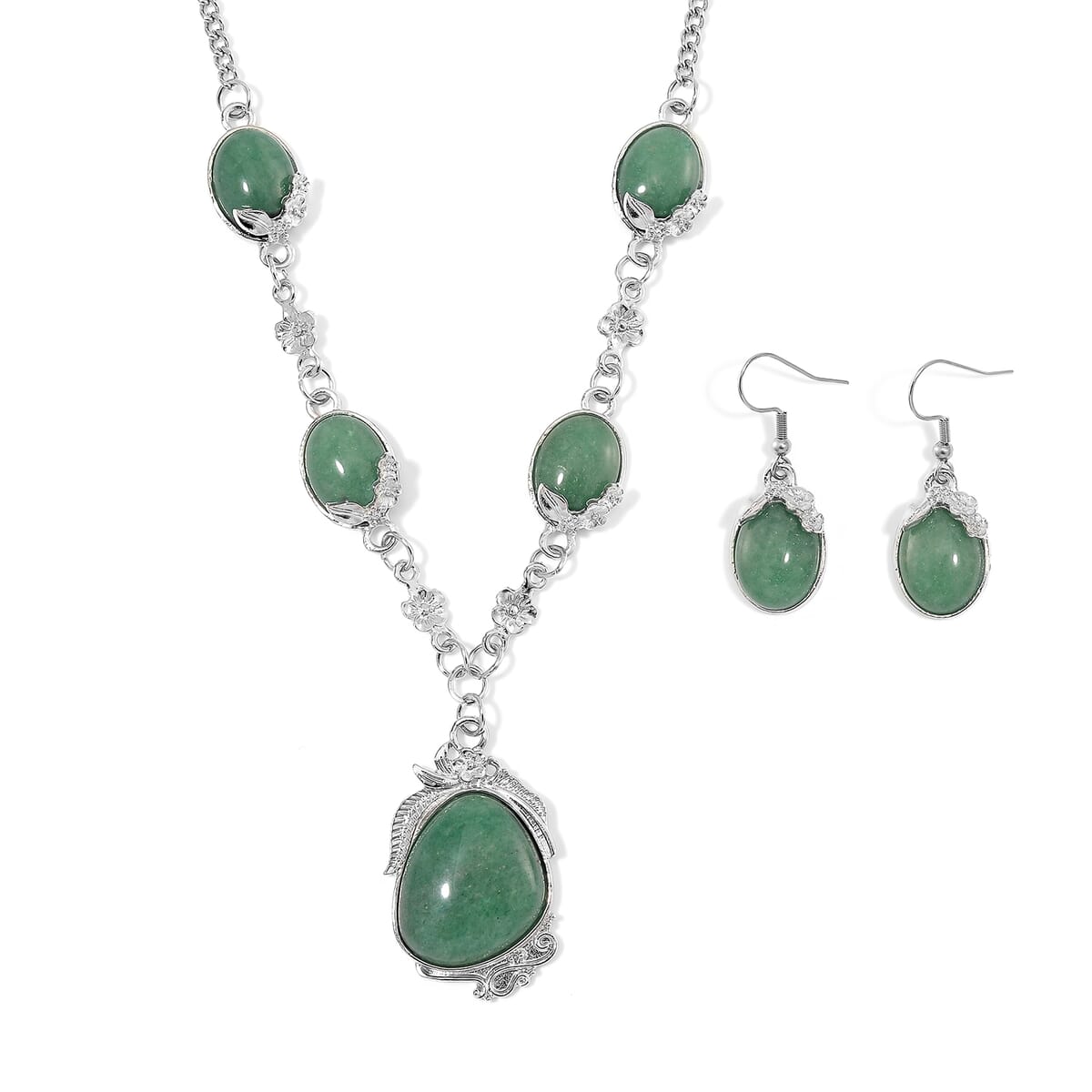 Green Aventurine 140.00 ctw Necklace 20 Inches and Earrings in Silvertone image number 0