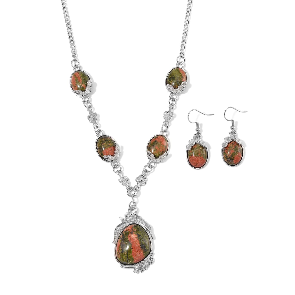 Unakite 140.00 ctw Necklace 20 Inches and Earrings in Silvertone image number 0
