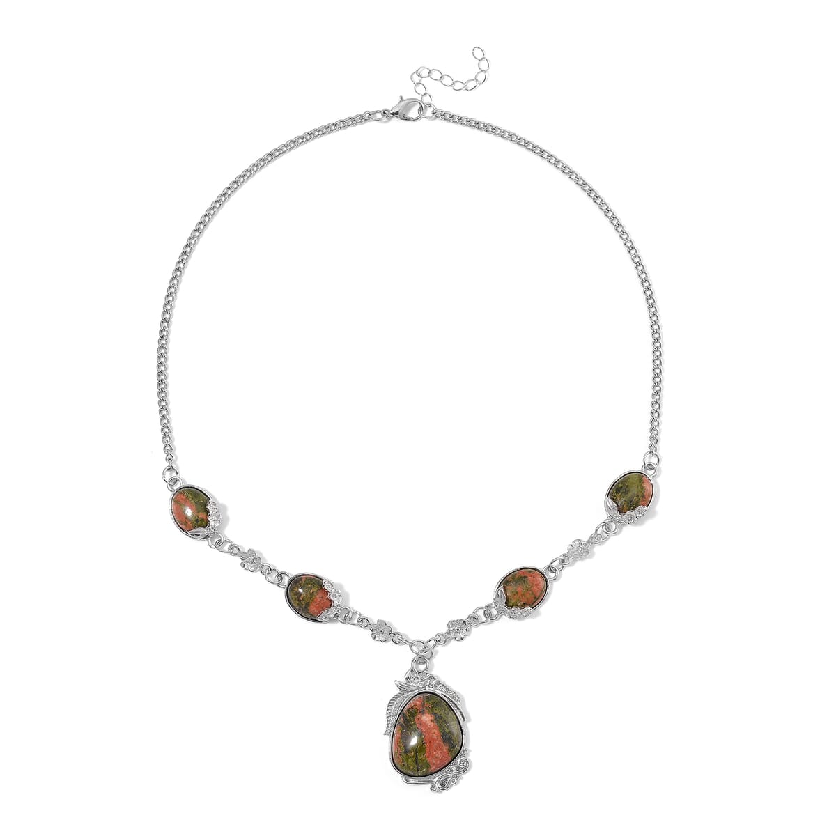 Unakite 140.00 ctw Necklace 20 Inches and Earrings in Silvertone image number 2