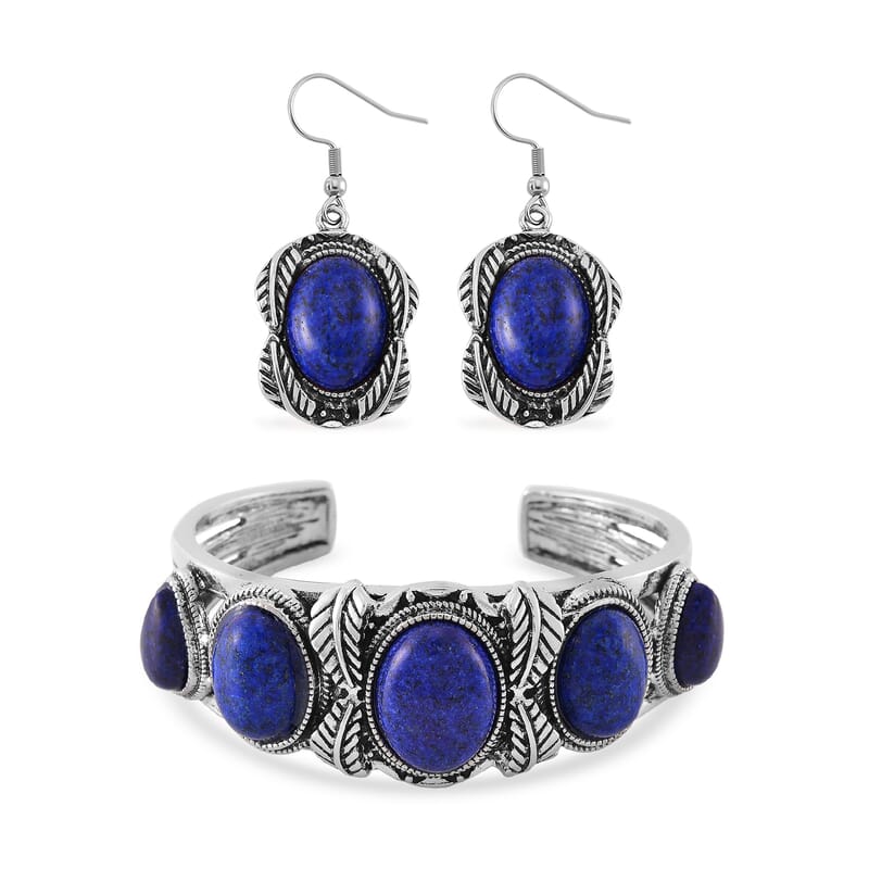 Set of 2 Lapis Lazuli Cuff Bracelet (7.5 In) and Earrings in Silvertone 150.00 ctw