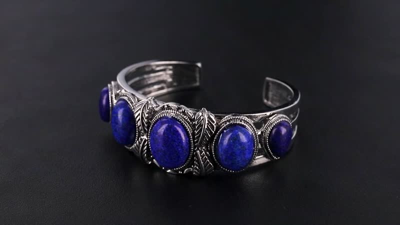 Set of 2 Lapis Lazuli 150.00 ctw Cuff Bracelet (7.5 In) and Earrings in Silvertone