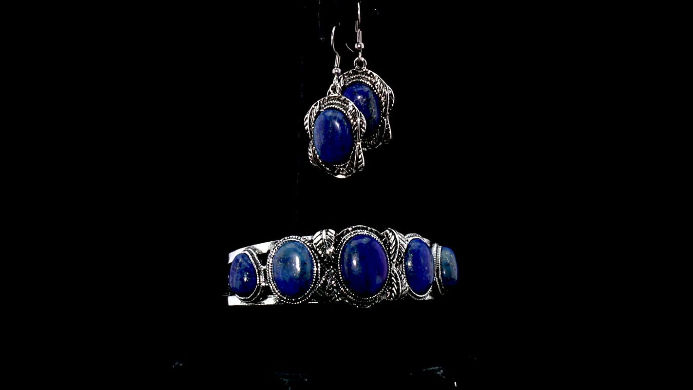 Set of 2 Lapis Lazuli 150.00 ctw Cuff Bracelet (7.5 In) and Earrings in Silvertone