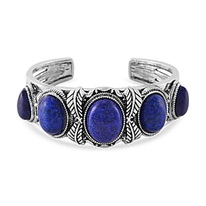 Set of 2 Lapis Lazuli Cuff Bracelet (7.5 In) and Earrings in Silvertone 150.00 ctw
