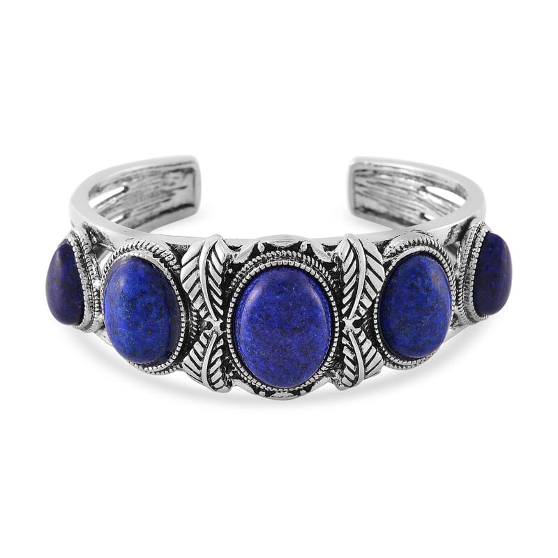 Set of 2 Lapis Lazuli Cuff Bracelet (7.5 In) and Earrings in Silvertone 150.00 ctw