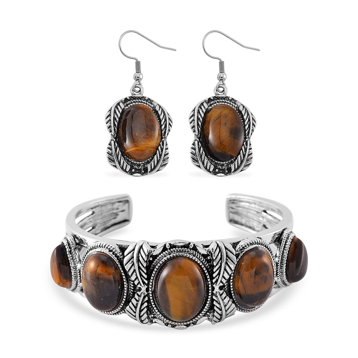 Set of 2 Tigers Eye 150.00 ctw Cuff Bracelet (7.5 In) and Earrings in Silvertone image number 0