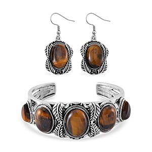 Set of 2 Tigers Eye 150.00 ctw Cuff Bracelet (7.5 In) and Earrings in Silvertone