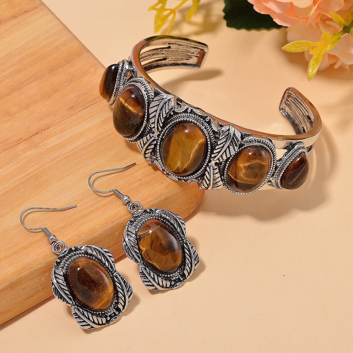 Set of 2 Tigers Eye 150.00 ctw Cuff Bracelet (7.5 In) and Earrings in Silvertone image number 1