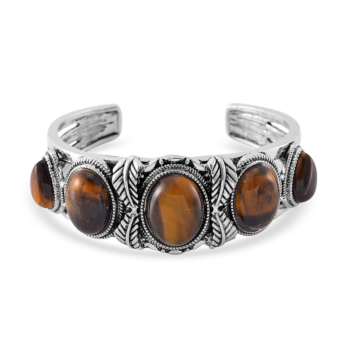 Set of 2 Tigers Eye 150.00 ctw Cuff Bracelet (7.5 In) and Earrings in Silvertone image number 2