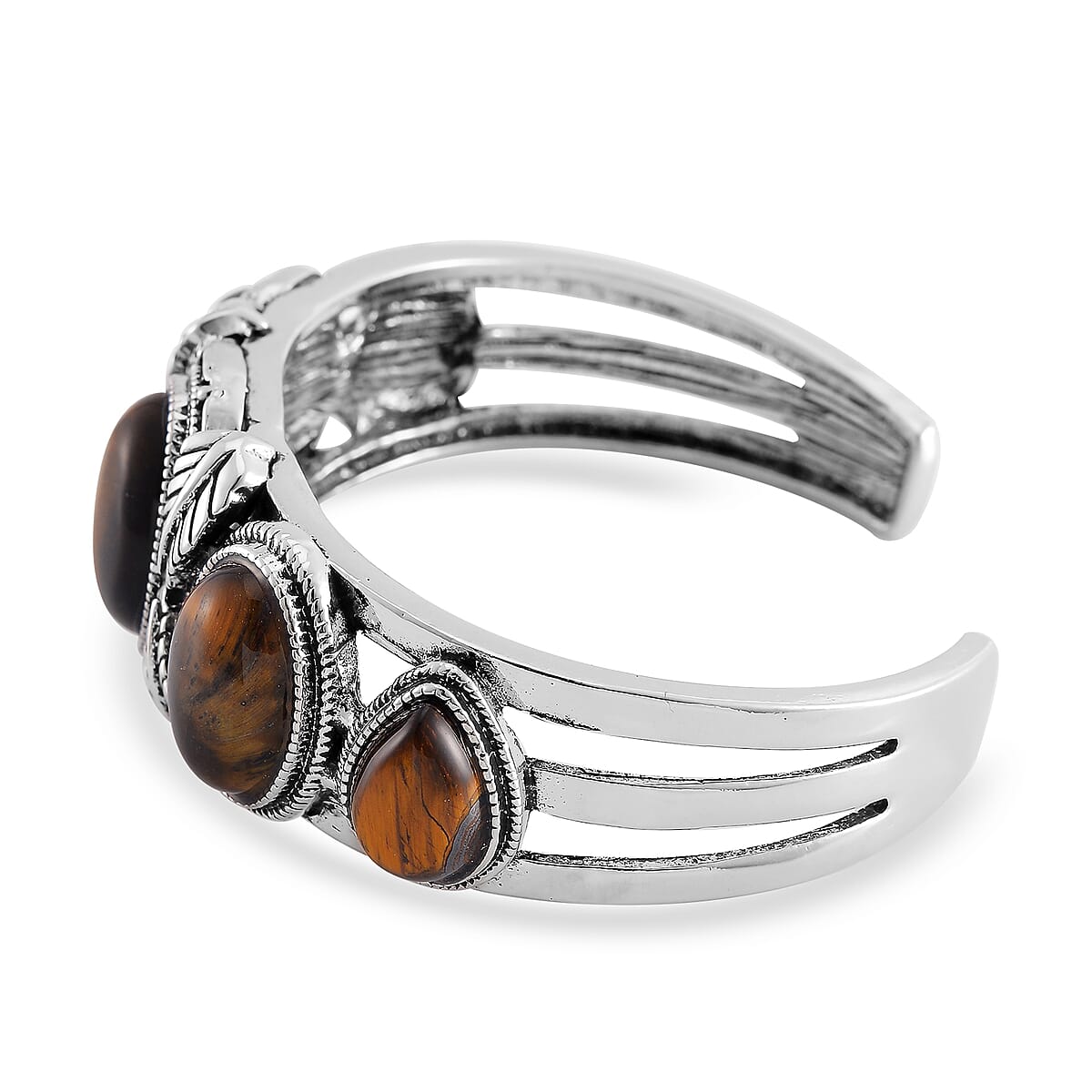 Set of 2 Tigers Eye 150.00 ctw Cuff Bracelet (7.5 In) and Earrings in Silvertone image number 3