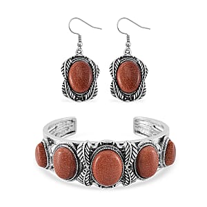 Set of 2 Gold Sandstone 150.00 ctw Cuff Bracelet (7.5 In) and Earrings in Silvertone