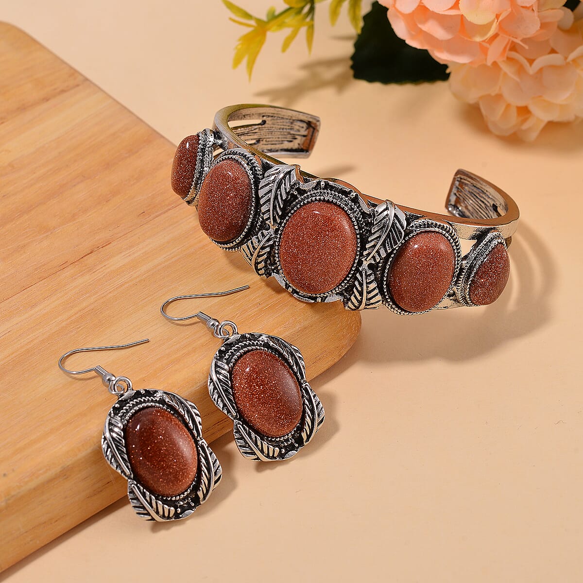 Set of 2 Gold Sandstone 150.00 ctw Cuff Bracelet (7.5 In) and Earrings in Silvertone image number 1