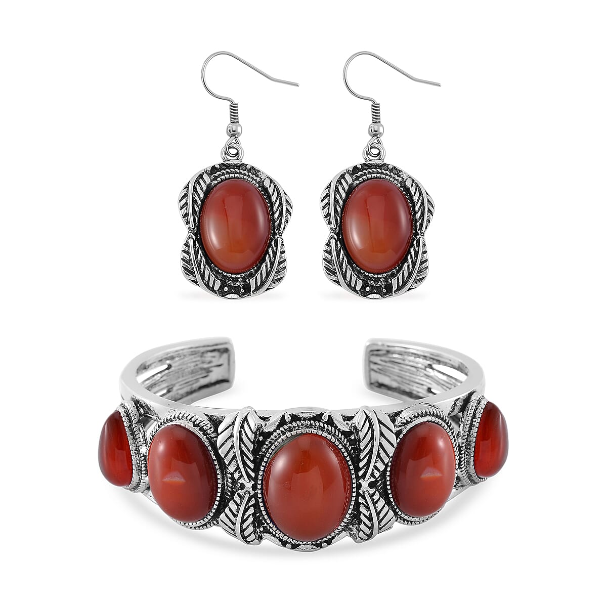 Set of 2 Red Carnelian 150.00 ctw Cuff Bracelet (7.5 In) and Earrings in Silvertone image number 0