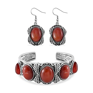 Set of 2 Red Carnelian 150.00 ctw Cuff Bracelet (7.5 In) and Earrings in Silvertone