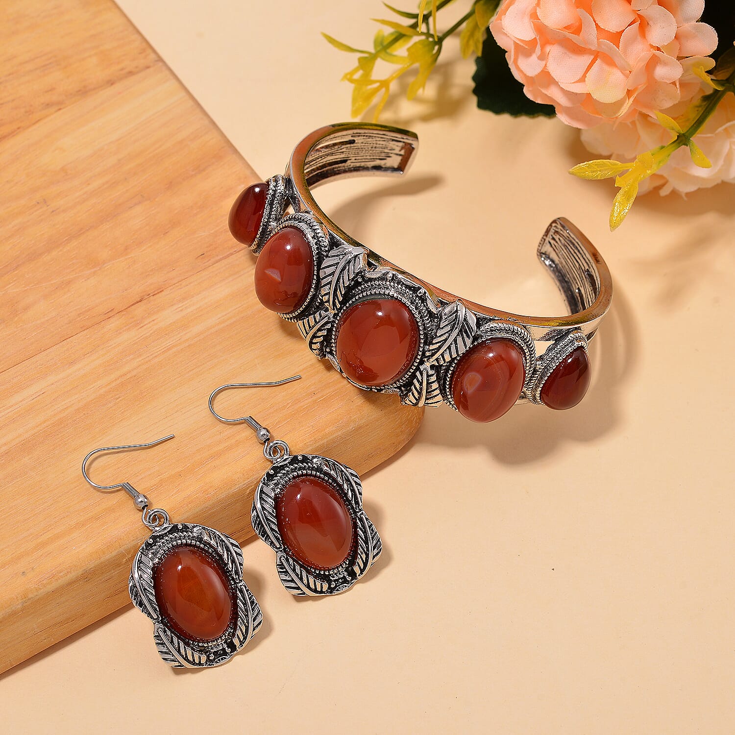 Set of 2 Red Carnelian 150.00 ctw Cuff Bracelet (7.5 In) and Earrings in Silvertone