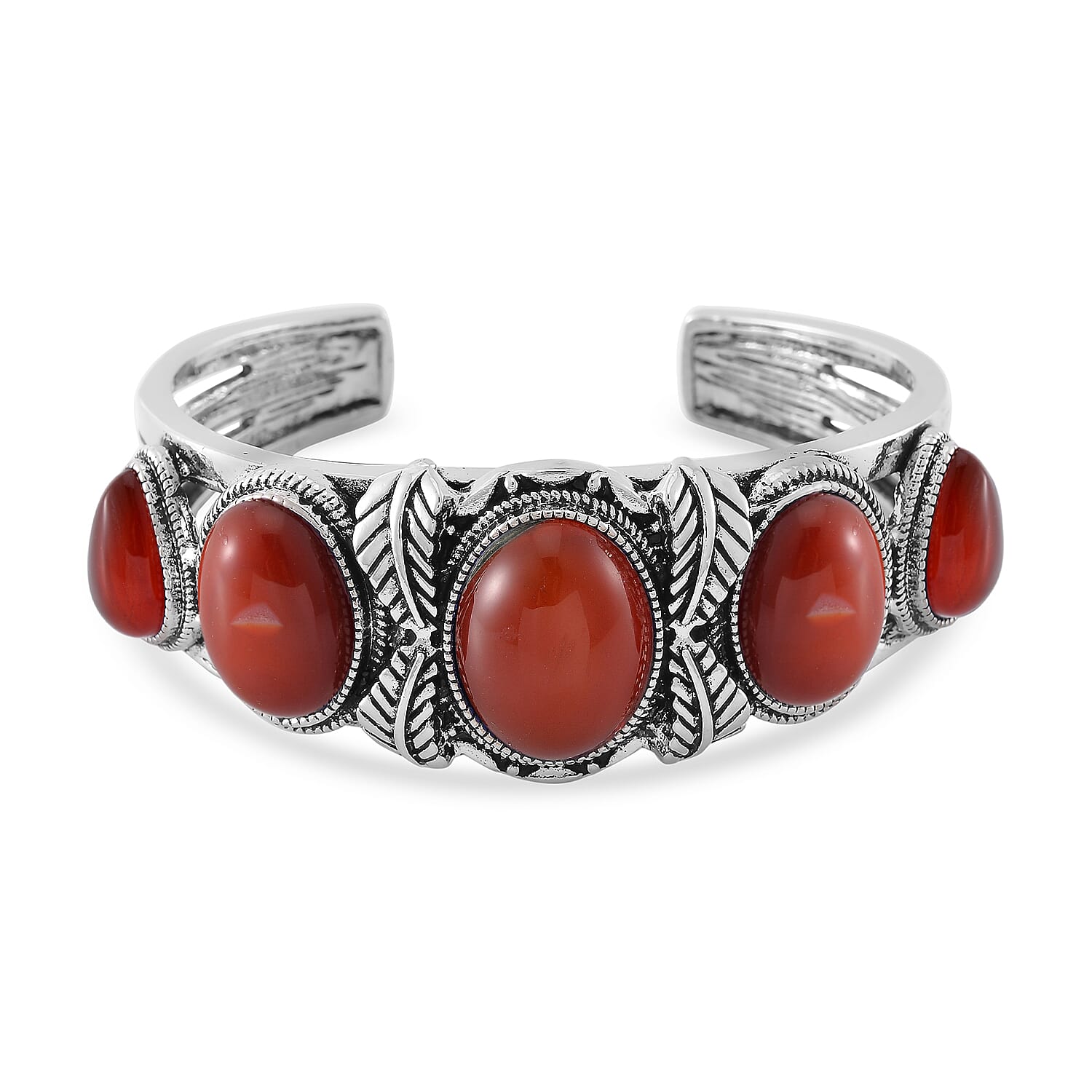 Set of 2 Red Carnelian 150.00 ctw Cuff Bracelet (7.5 In) and Earrings in Silvertone