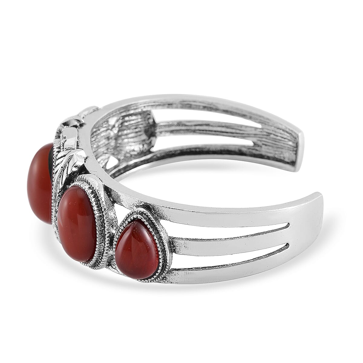 Set of 2 Red Carnelian 150.00 ctw Cuff Bracelet (7.5 In) and Earrings in Silvertone image number 3